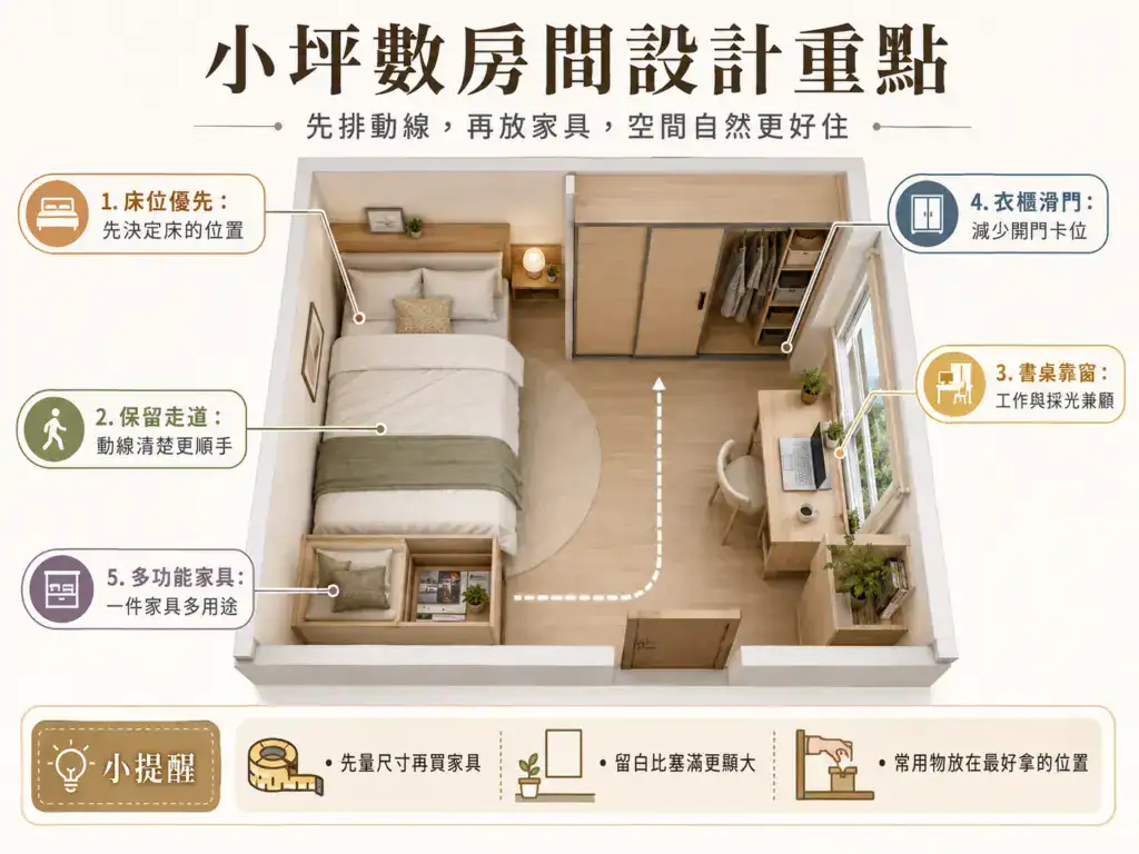 小坪數房間設計案例，結合床底收納、到頂衣櫃、懸空書桌與淺色系臥室規劃