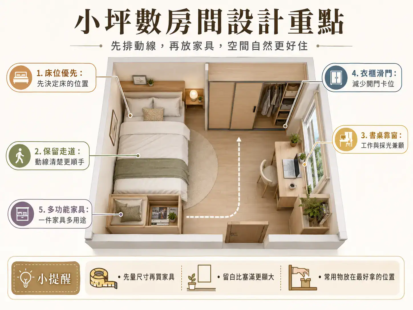 小坪數房間設計案例，結合床底收納、到頂衣櫃、懸空書桌與淺色系臥室規劃