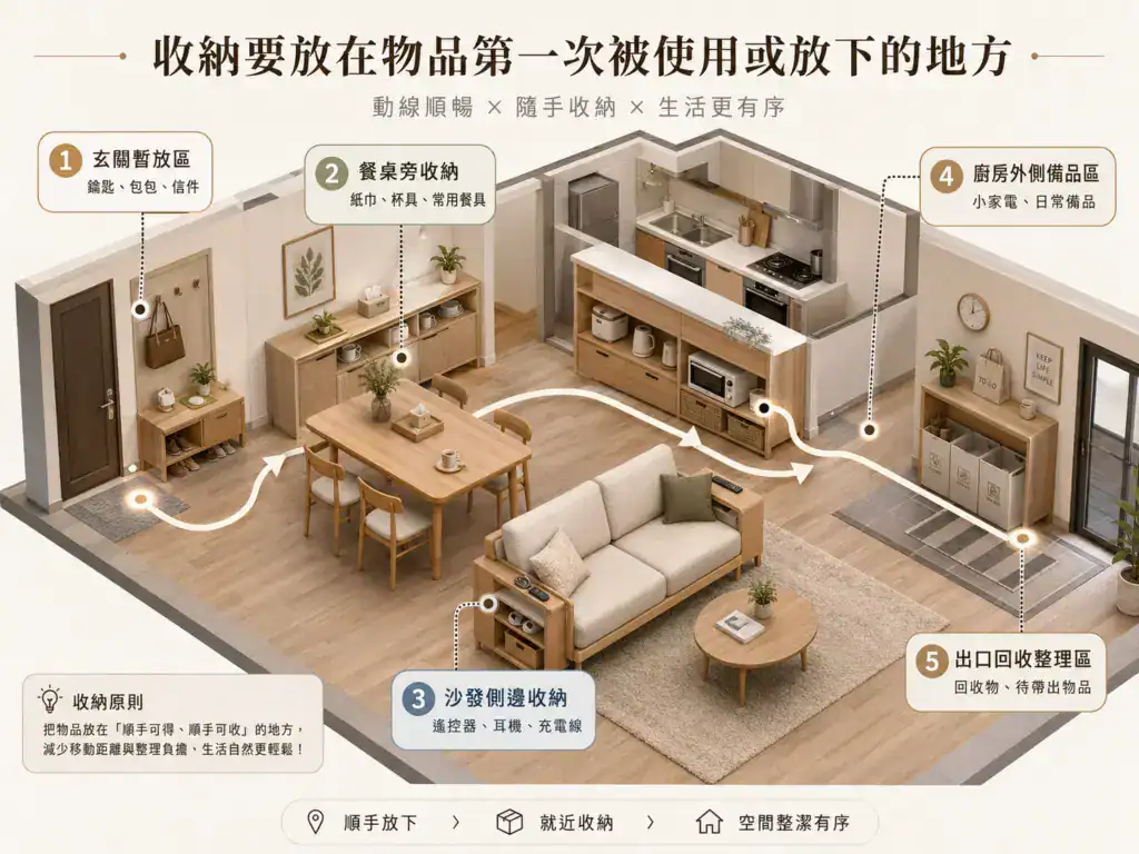 小坪數客餐廳收納動線示意圖，包含玄關暫放區、餐桌旁收納、沙發側邊收納、廚房外側備品區與出口回收整理區